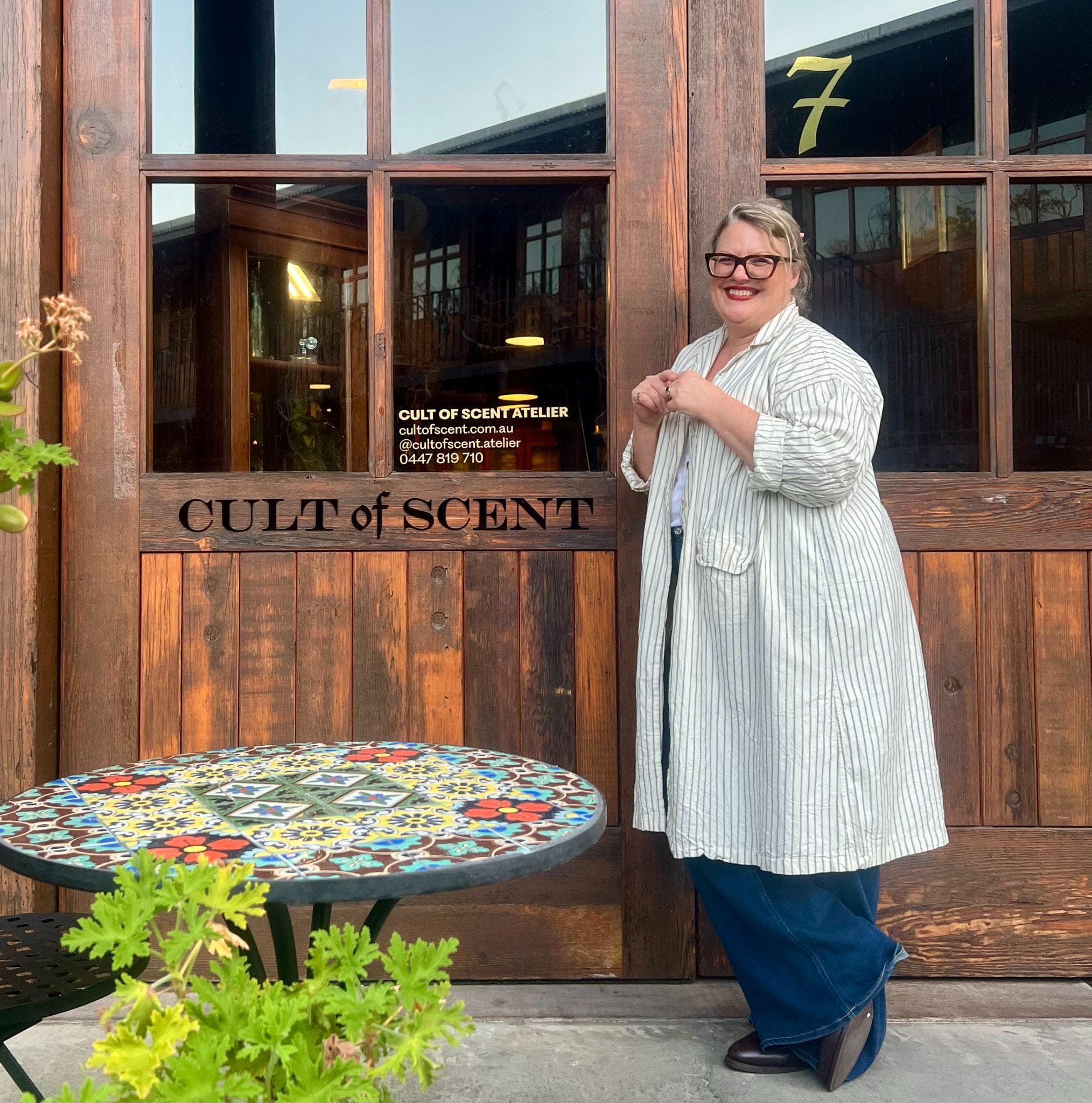 Jocelyn Fullerton in front of Cult of Scent