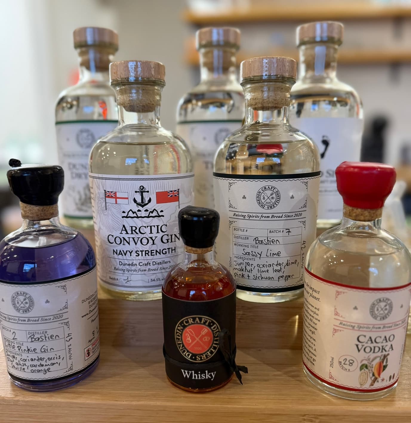 A selection of the gins, vodkas and whiskey from Dunedin Craft Distillers. Image Rose Kelly